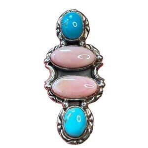 Sterling Silver Ring Size 7 With Pink Conch Shell & Blue Turquoise  Marked 925
